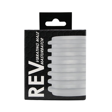 Elegant packaging of the Rev-Sleeves Vibrating Male Masturbator, highlighting its sophisticated design and premium materials for discreet enjoyment.